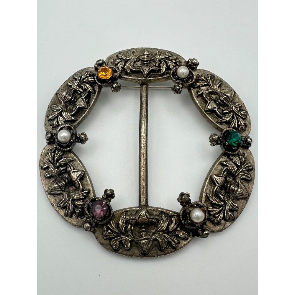Vintage Scottish thistle silver tone rhinestones faux pearls buckle brooch pin - Picture 3 of 6
